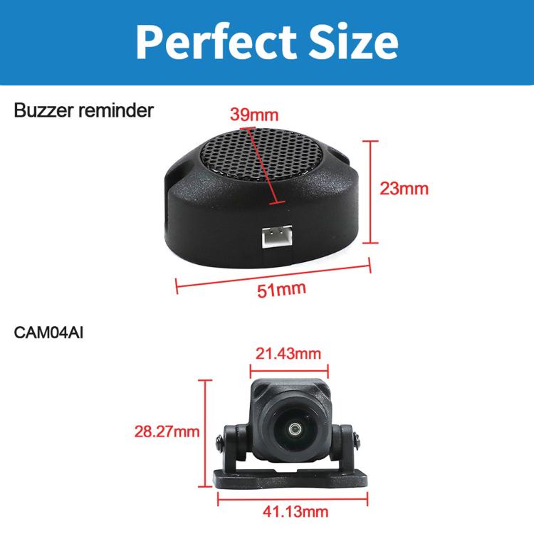 Compact buzzer and camera size dimensions for a reverse camera system
