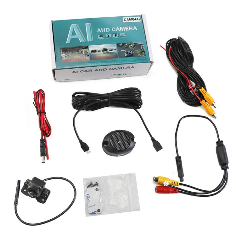 Reverse camera kit with camera module, buzzer, and wiring harness with connectors