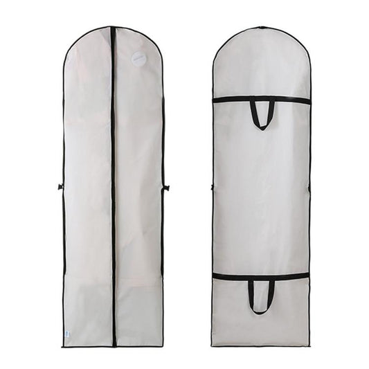 White breathable garment bag with arched top and black trim, dust cover style