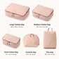 Pink packing cubes set with large, medium, small, cosmetic, and shoe bags