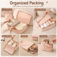 Pink packing cubes set showing open organizers for clothes, shoes, and toiletry