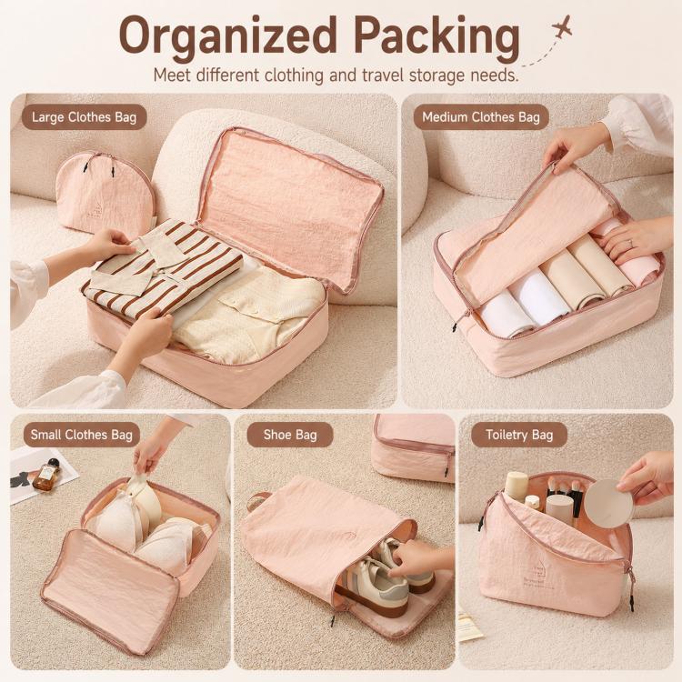 Pink packing cubes set showing open organizers for clothes, shoes, and toiletry
