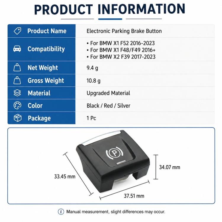 Black electronic parking brake button replacement, shown with size measurements