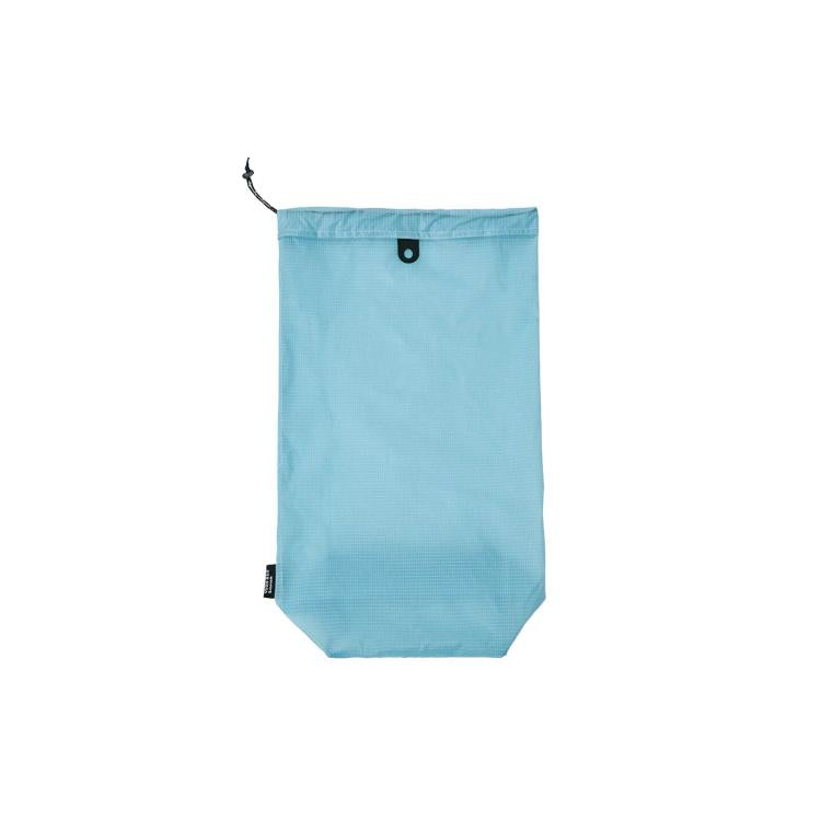 Waterproof drawstring shoe storage pouch in sky blue, with top grommet and loop