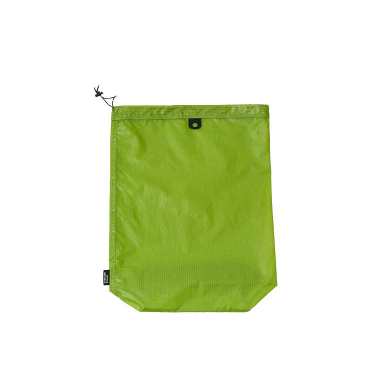 Waterproof drawstring shoe storage pouch, bright green, front grommet with hanging cord