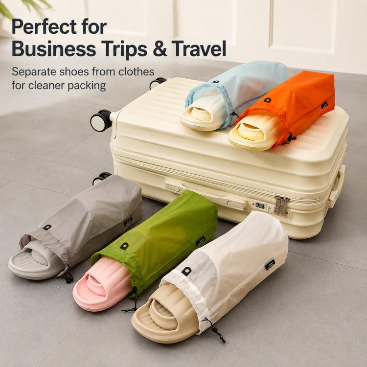 Waterproof drawstring shoe storage pouches, orange and green, with pull-cord openings
