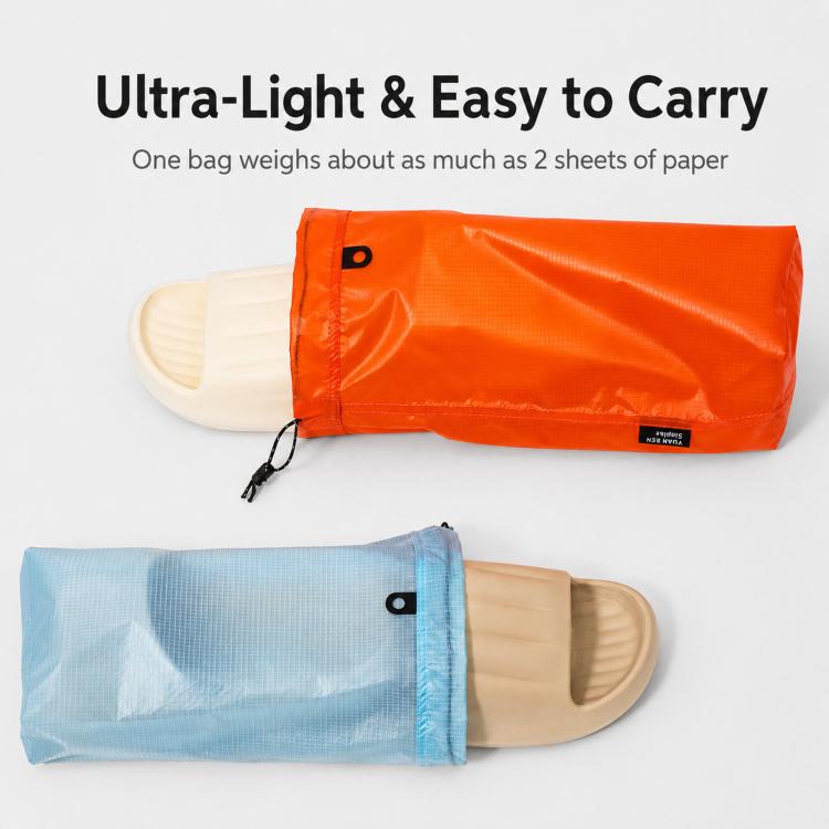 Waterproof drawstring shoe storage pouch set, orange and light blue with drawstring closure