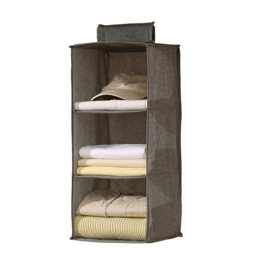 Gray collapsible hanging closet organizer with 4 fabric shelves for folded clothes