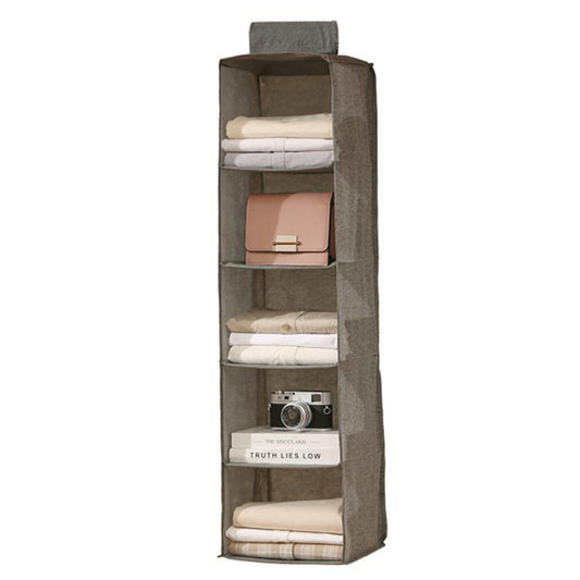 Gray 5-tier hanging closet organizer with multiple fabric shelves and front pocket