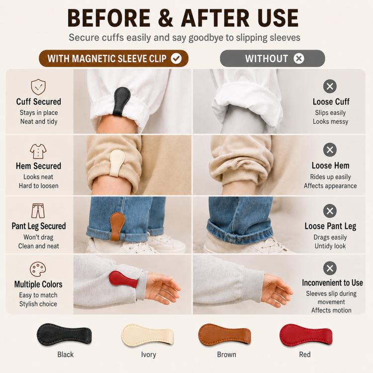 Magnetic hem clip pair shown next to before-and-after cuff and hem visuals