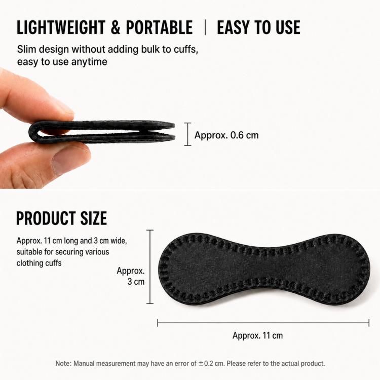 Black leather-style magnetic hem clip with approximate size markings