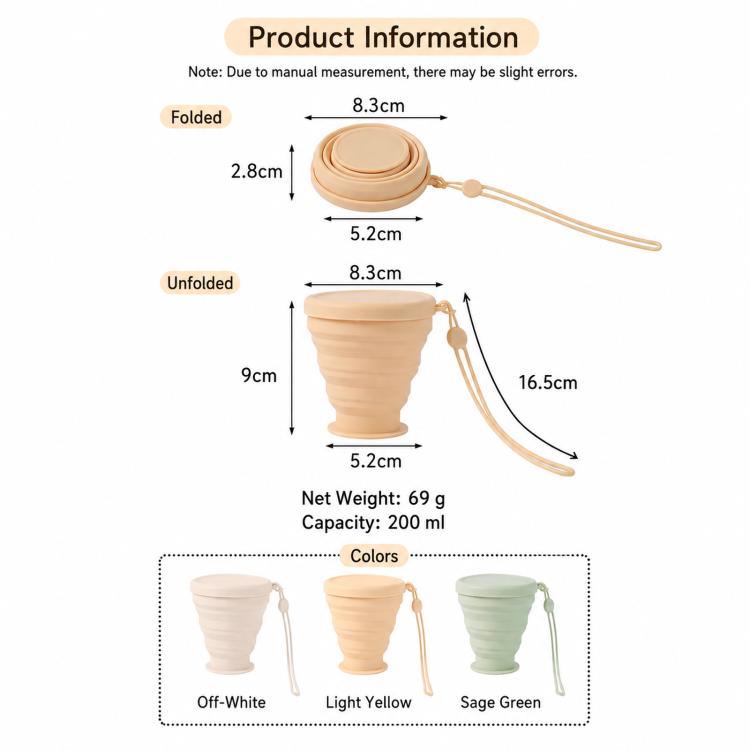 Collapsible silicone travel cup, 200 ml, with lid and lanyard; folded and unfolded diagram