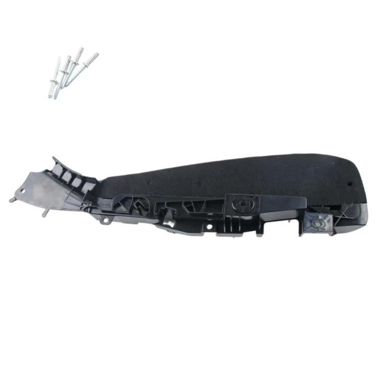 Black seat side bracket cover with mounting clips and metal bracket hardware