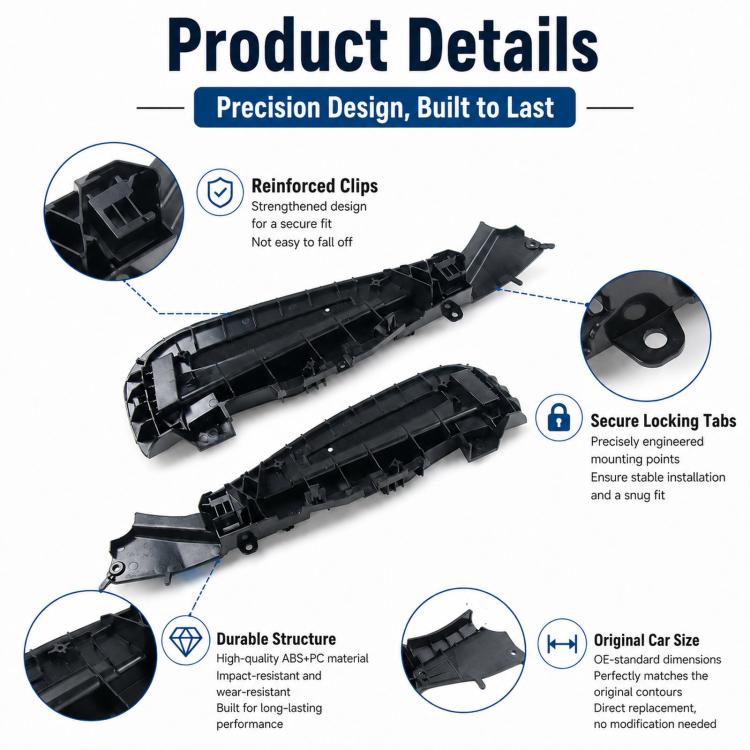 Black seat side trim panel with reinforced clips and molded structure details