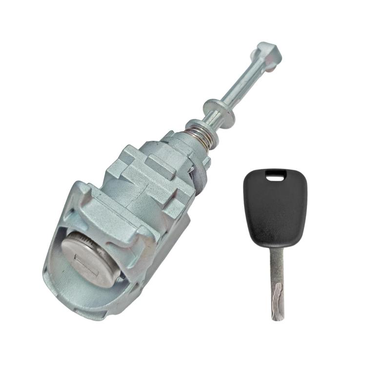 Door lock cylinder with key, cylindrical metal housing and spring