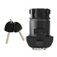 Car door lock cylinder with keys, black body and silver mounting ring
