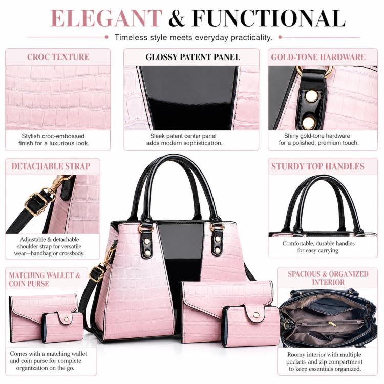 3pcs /Set Crocodile Pattern Color-Changing Large Capacity Shoulder/Handbag