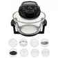 Black countertop air fryer with clear glass bowl and accessory parts shown