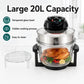 20L air fryer with clear glass bowl heating roast chicken and vegetables