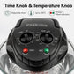 Black air fryer control panel with time and temperature knobs over clear glass bowl