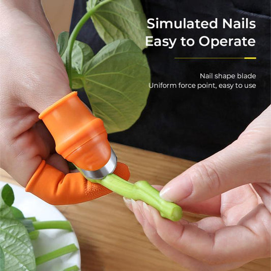 Orange anti-cut finger sleeve on hand using thumb knife cutter with blade
