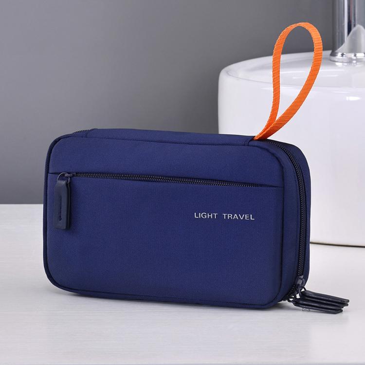 Navy blue rectangular toiletry bag with orange handle loop and zip closure