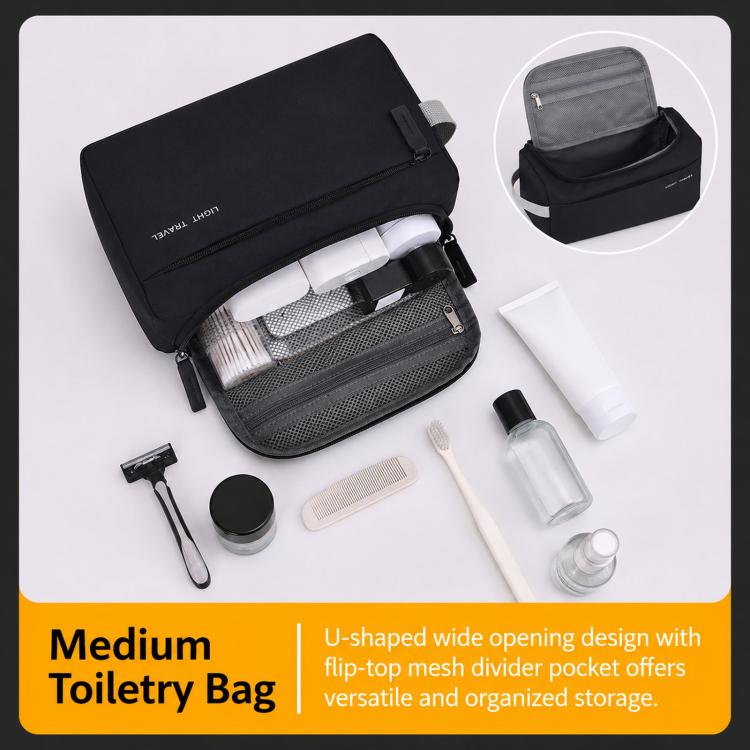 Medium black water-resistant toiletry bag with U-shaped opening and mesh divider