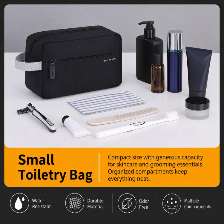 Small black water-resistant toiletry bag with zippered front compartment