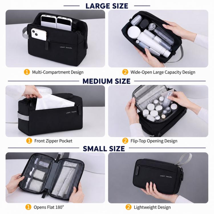 Black water-resistant toiletry bag set showing large, medium, and small sizes