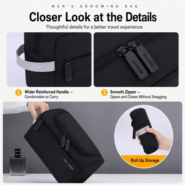 Black toiletry bag details: reinforced carry handle, smooth zipper, roll-up storage