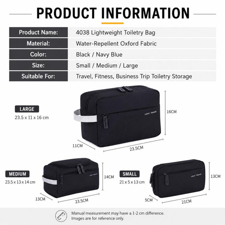 Men's lightweight water-resistant toiletry bags in black with size measurements