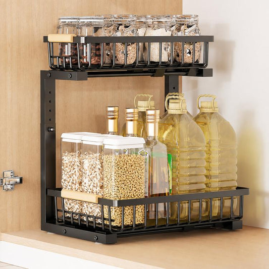 Height-adjustable under-sink sliding organizer rack with black wire compartments