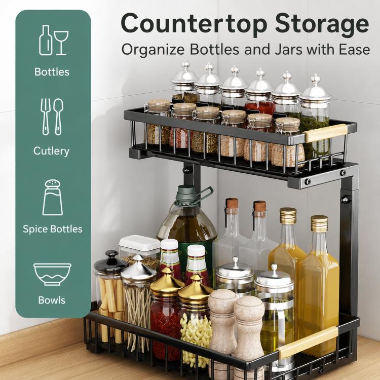 Under Sink Organizer Height Adjustable Sliding Cabinet Storage Drawer Rack