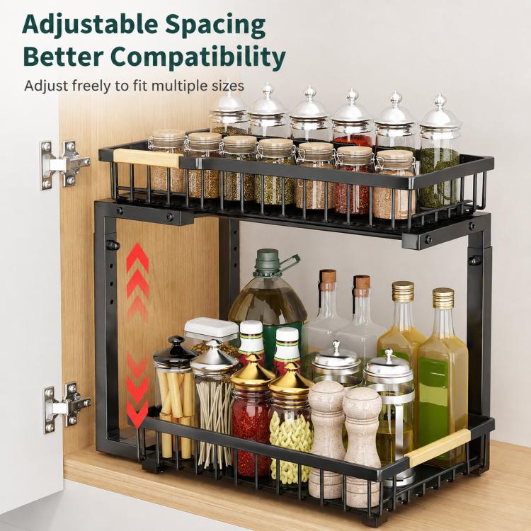 Under Sink Organizer Height Adjustable Sliding Cabinet Storage Drawer Rack