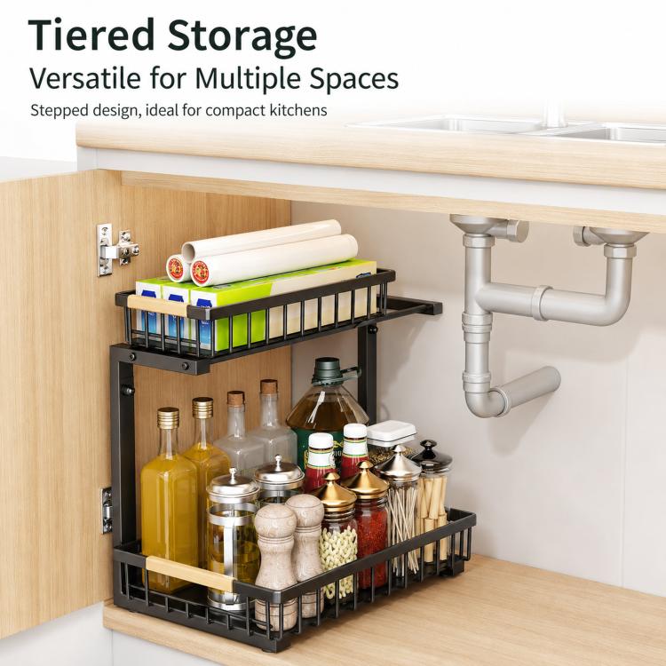 Under Sink Organizer Height Adjustable Sliding Cabinet Storage Drawer Rack
