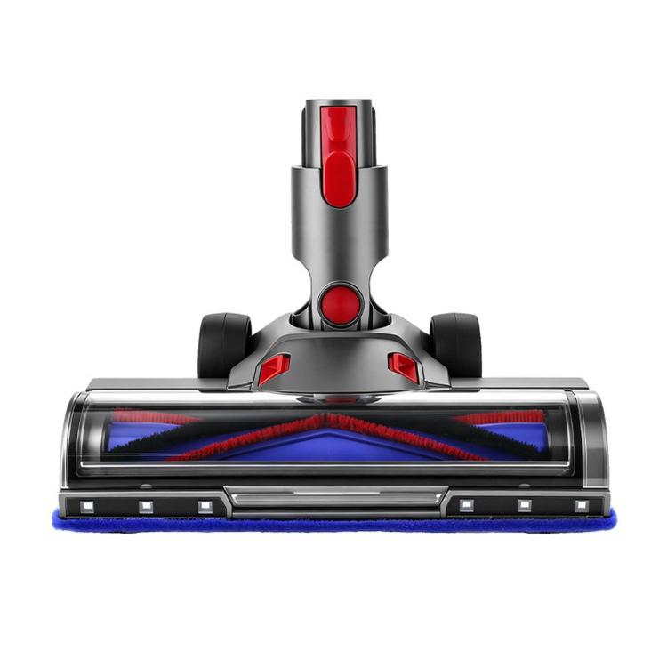 Motorized vacuum cleaner head attachment with transparent roller window and red accents