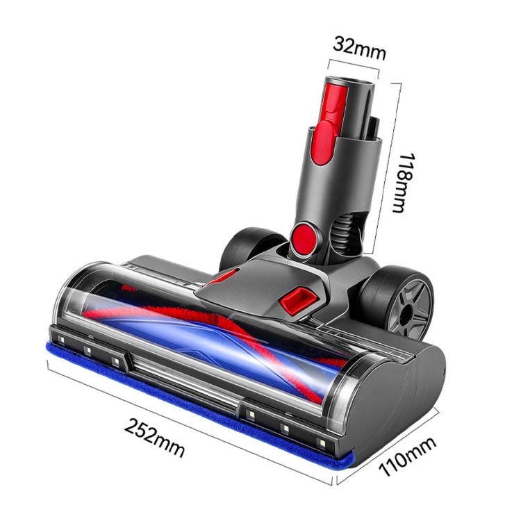 Vacuum direct drive cleaner head attachment with blue-edged roller and labeled dimensions