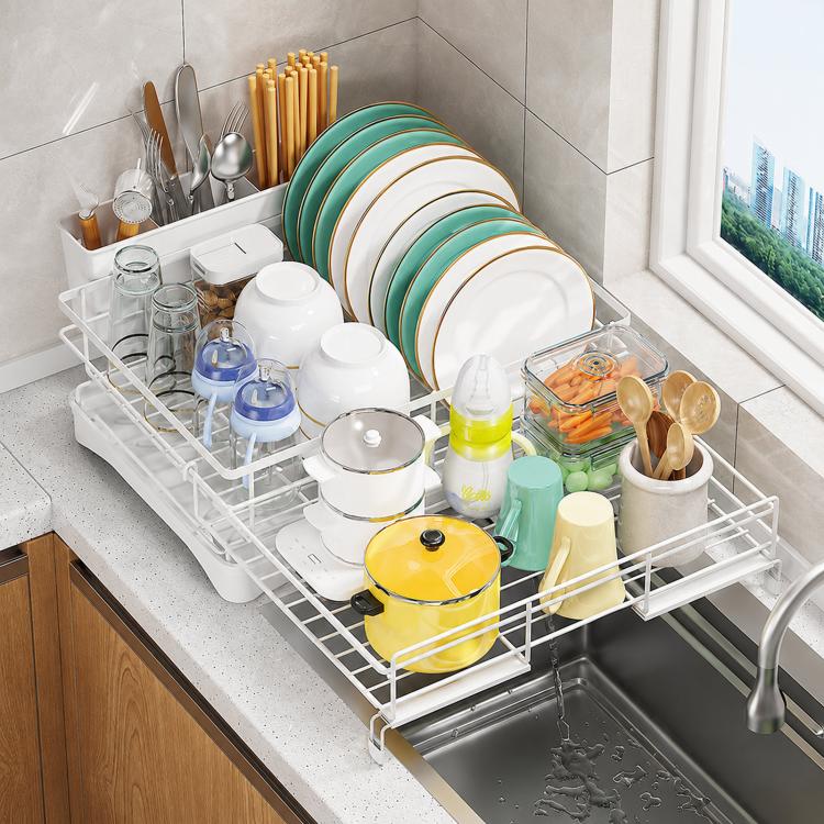 Expandable Dish Drying Rack With Drainboard Countertop Dish Strainer Rack With Cutlery Holder