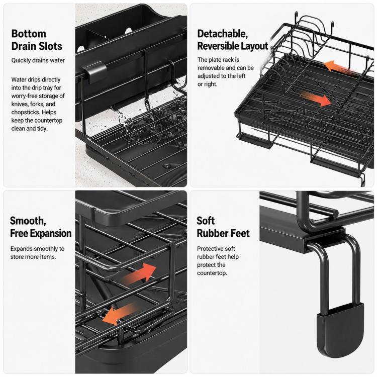 Expandable Dish Drying Rack With Drainboard Countertop Dish Strainer Rack With Cutlery Holder