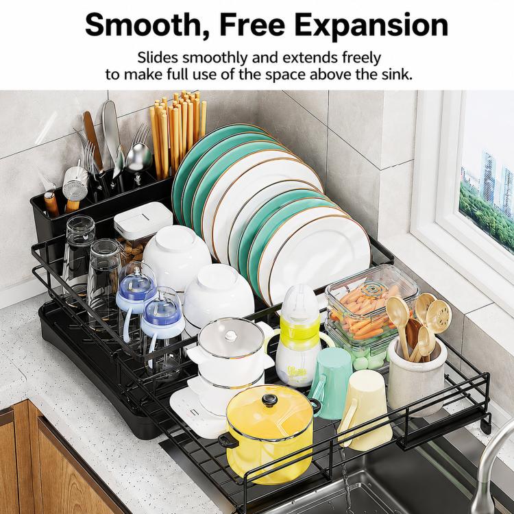 Expandable Dish Drying Rack With Drainboard Countertop Dish Strainer Rack With Cutlery Holder
