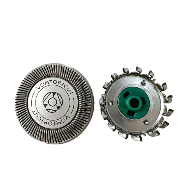 Dual-blade rotary shaver head, foil disc and metal cutter base with green center