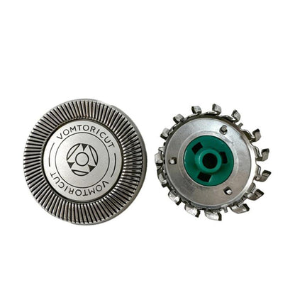 Dual-blade rotary shaver head, foil disc and metal cutter base with green center