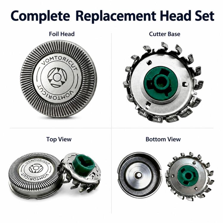 Complete replacement shaver head set showing foil head, cutter base, and underside views