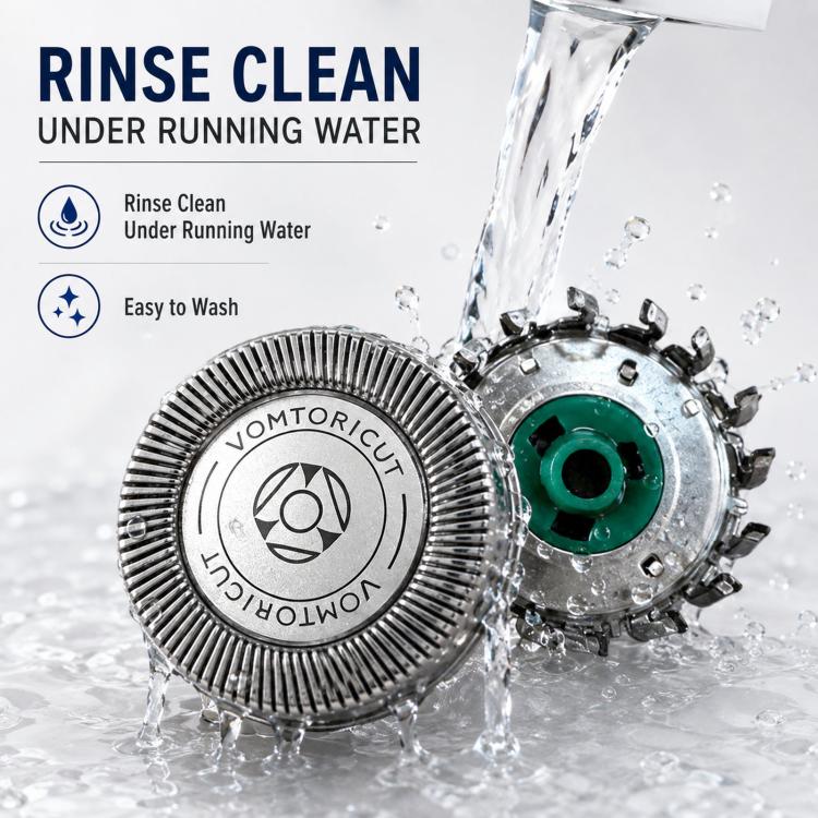 Dual-blade rotary shaver head with foil disc and cutter base, shown under running water