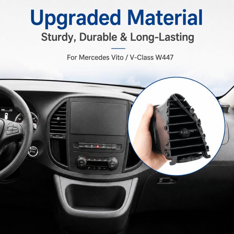 Air conditioning vent assembly for dashboard with inset close-up of vent grille