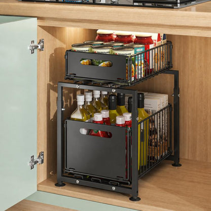 2 Tier Under Sink Organizer Height Adjustable Pull Out Cabinet Drawer Storage Rack