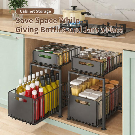 2-tier under-sink organizer with two pull-out baskets and front handles for storage