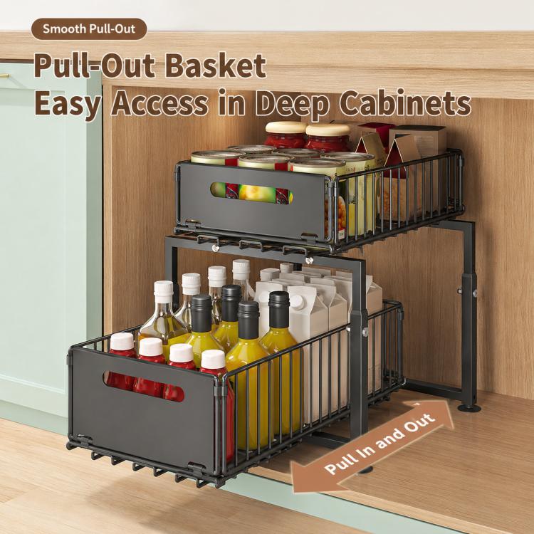 2 Tier Under Sink Organizer Height Adjustable Pull Out Cabinet Drawer Storage Rack