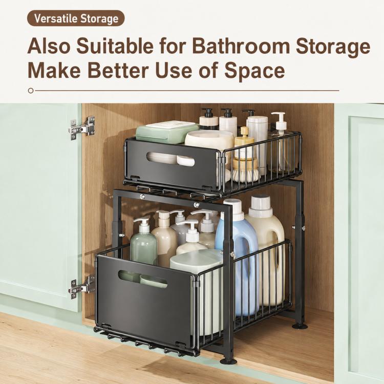 2 Tier Under Sink Organizer Height Adjustable Pull Out Cabinet Drawer Storage Rack