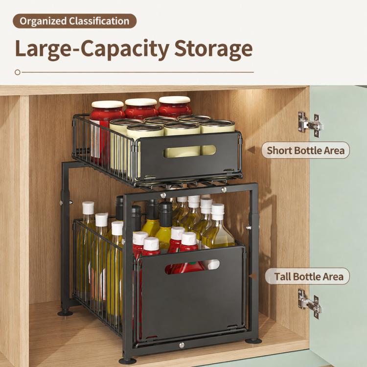 2 Tier Under Sink Organizer Height Adjustable Pull Out Cabinet Drawer Storage Rack
